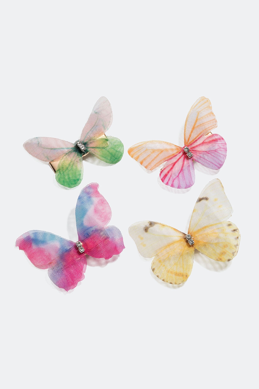 Gullfargede hårspenner med sommerfugler i forskjellige farger, 4-pakning i gruppen Håraccessories / Spenner & klemmer / Hårspenner hos Glitter (335001104400)