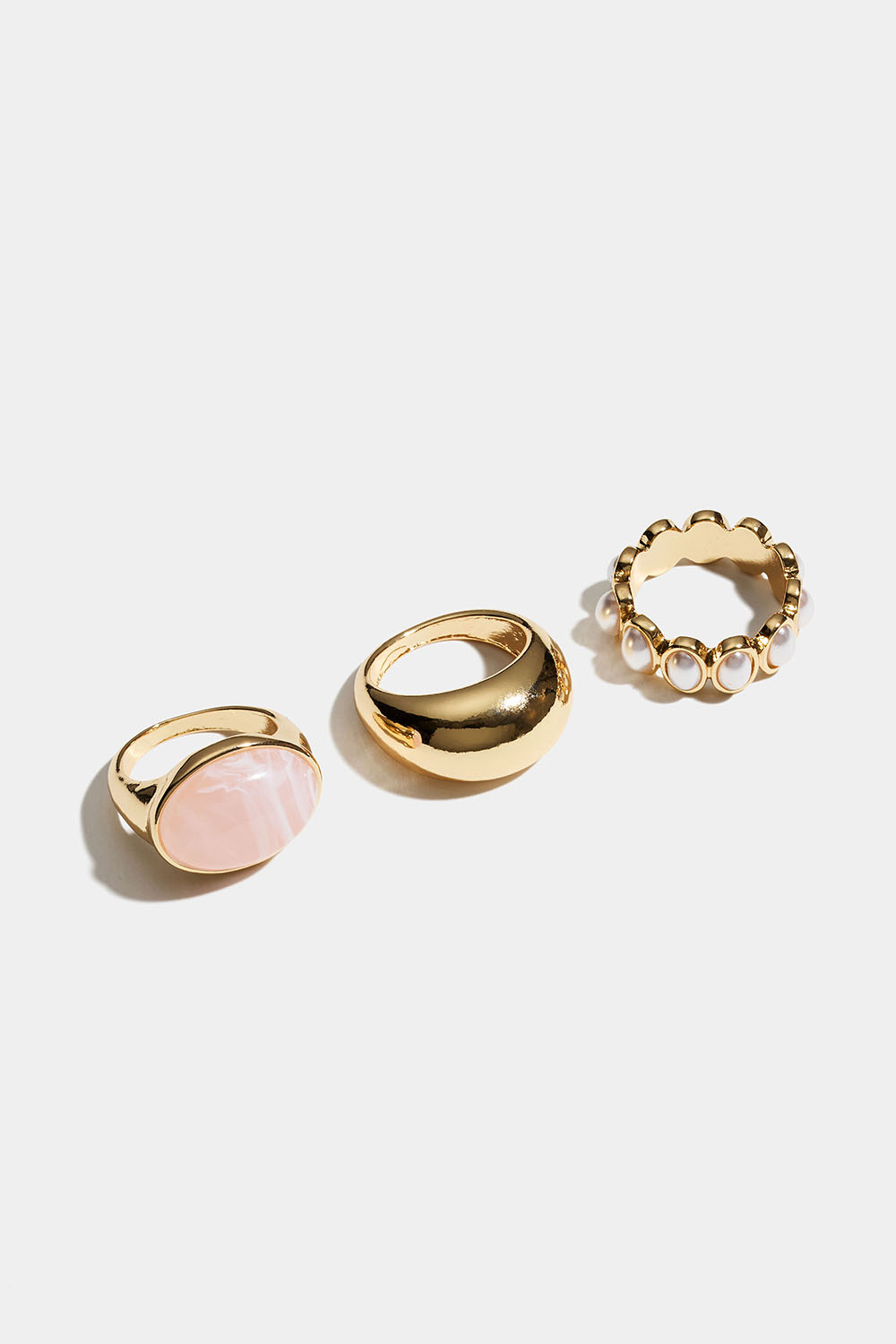 Gullfargede ringer med rosa og hvite perler, 3-pakning